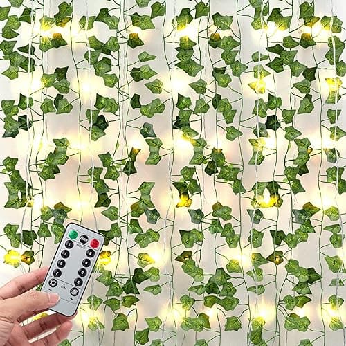 JACKYLED 84Ft 12 Pack Artificial Ivy Garland Fake Plants, Ivy Vines Leaves with CE Certified 80 LED String Lights, Hanging Ivy Lights for Bedroom Garden Party Wall Room Decor - Green - 12Pack-32Ft LED - Image 1