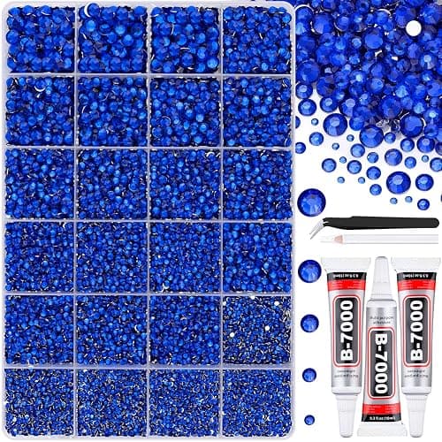 32000Pcs Resin Rhinestones with Tweezers for Crafting, Royal Blue Flatback Gems, Bedazzling Crystal with 3Pcs 10ml B7000 Jewelry Glue for DIY Crafts Clothing Tumblers Shoes Fabric Nail Art - Image 1