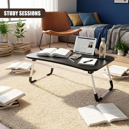 GEEZY Foldable Laptop Table with Drawer - MDF Wood Desk with Cup Holder, Tablet Slot, Anti-Slip Legs - Portable Laptop Desk Tray for Sofa, Bed, Work, Gaming, Eating, TV, Studying, Drawing and Crafts thumbnail 5