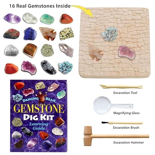 DANCING BEAR Gem stone Dig Kit, Excavate 16 Real Gems & Crystals including Arrowheads, Quartz Point and Amethyst, STEM Education for Kids, Fun Rock Mining Science Activity Gift Sets for Girls and Boys thumbnail 3