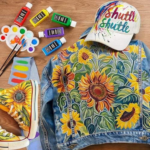 Shuttle Art Textilfarbe waschmaschinenfest, 18 waschfeste Stoffmalfarben (je 60ml) in Flaschen mit Pinseln, Vorlagen, wasserfeste Stofffarben für Kinder auf T-Shirt, Schuhe, Jeans, Tasche, Kleidung thumbnail 2