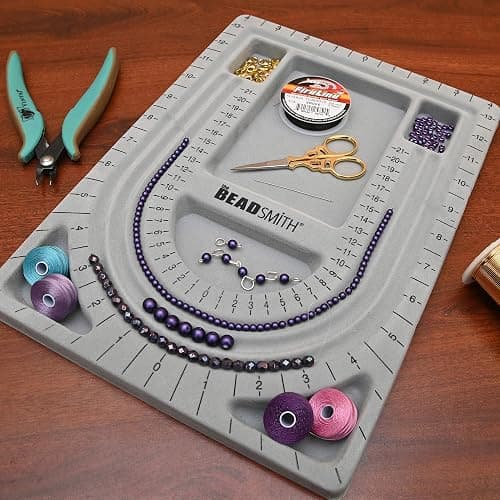 The Beadsmith Bead Board with Cover, Grey Flocked, 3 U-Shaped Channels, 6 Recessed Compartments,13.25H x 9.75L inches, Design Boards for Creating Bracelets, Necklaces and Other Jewelry thumbnail 2