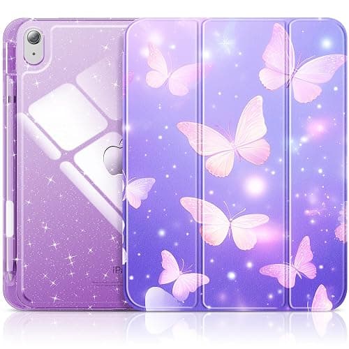 INFILAND Compatible with iPad 10th Generation Case, iPad Case 10th Generation 10.9 Inch, Glitter Leather Cover with Sparkly Crystal Clear Back, Pencil Holder, Anti-Yellowing (Purple Flutter) - Image 1