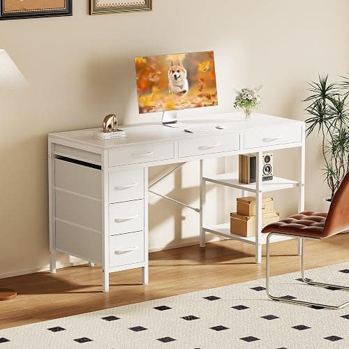 Sweetcrispy 55" Computer Desk with 6 Drawers, Home Office Gaming Desks with Storage Shelves for Bedroom, Writing Study Corner Living Room Work Table White thumbnail 2