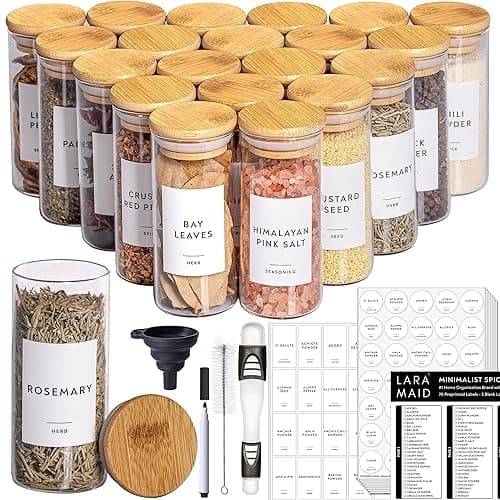 Laramaid 4oz 20Pack Spice Jars with Minimalist Spice Labels, Round Jar Canisters with Polished Bamboo Lids, Adjustable Measuring Spoon, Black Pen, Cleaning Brush & Collapsible Silicone Funnel - 20x 4oz - Image 1