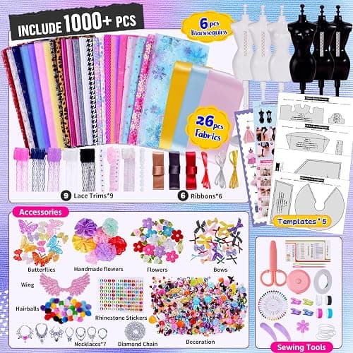 1000+PCS Fashion Designer Kit for Girls with 6 Mannequins, Sewing Craft Kit | Gifts for Girls Ages 6-12, Make 80+ Outfits, Arts and Crafts Kits for Kids, Sewing and No-Sew Modes, DIY Girls Toys Present thumbnail 3