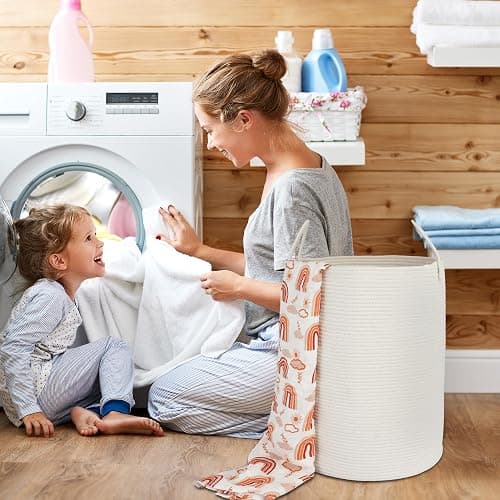 XUANGUO Cotton Rope Laundry Basket Hamper for Clothes Woven Storage Basket for Living Room Bedroom Boho Tall Rope Baskets for Blanket Toys Pillow Towels Baby Nursery Hamper Bin Large white thumbnail 4