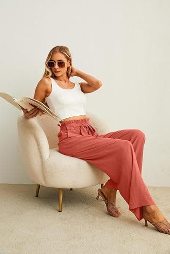 IWOLLENCE Women's Wide Leg Pants with Pockets High Waist Adjustable Knot Loose Casual Trousers Business Work Casual Pants thumbnail 5