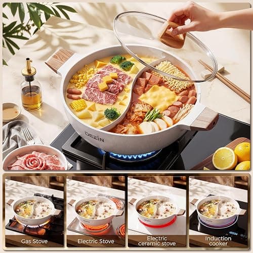 Dezin 5-QT Double-flavor Shabu Shabu Pot with Divider, Dual Sided Nonstick Hot Pot, 12 Inch Divided Stockpot for Cooking, Hotpot for Induction Cooktop, Gas Stove & Hot Burner, Soup Ladle Included thumbnail 4