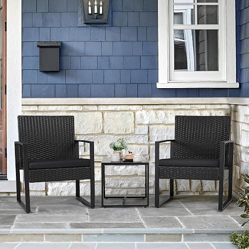 Flamaker 3 Pieces Outdoor Patio Wicker Furniture Set, Modern Rattan Chair Conversation Sets with Coffee Table for Yard and Bistro (Black) thumbnail 2