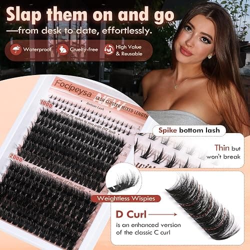 Focipeysa Eyelash Clusters 100D 200D Lashes Extensions with Bottom Lash Volume Fluff Lash Clusters 256pcs Individual Eyelash Extensions 12-18mm Eyelash Extensions DIY D-Curly Lash Extension at Home thumbnail 6