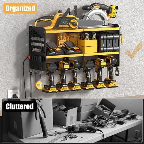 Spampur Large Power Tool Organizer Wall Mount with Charging Station, 3 Layer Heavy Duty Metal Tool Storage Rack Loads 420lbs with 6 Cordless Drill Holder, Utility Rack Loads with 4 Power Strip thumbnail 6
