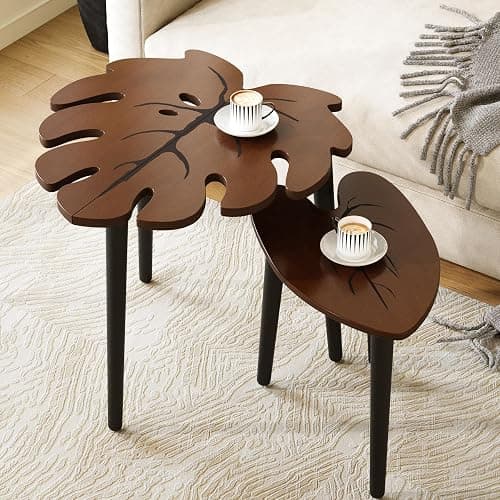 BAMEOS Monstera Leaf Nesting Tables Set of 2, Small Coffee Table Set with Leaf Vein Pattern, Modern Wooden Side Tables for Living Room Bedroom Apartment Balcony Yard - Image 1