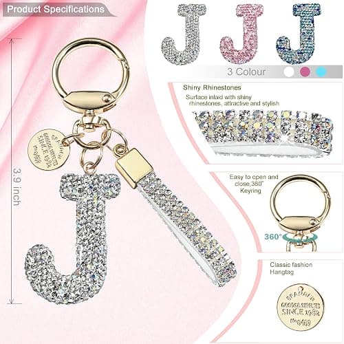 Pink Blue White Initial Letter Keychain Gift for Women Girls Bling Sparkly Cute Backpack Car Key Accessories Lanyard thumbnail 2