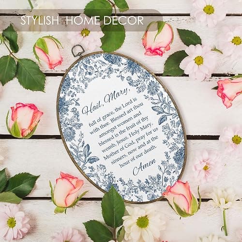 Fewgb Vintage Catholic Christian Oval Wall Art Decor, Hail Mary Prayer Canvas Wall Art Framed Prints Picture for Bedroom Prayer Room, Blue and White Floral Religious Hanging Room Decor Artwork 9x12 thumbnail 6