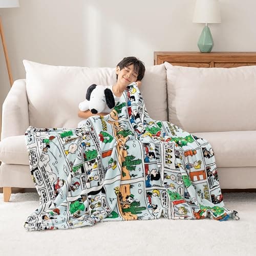 Berkshire Blanket Peanuts® VelvetLoft® Cute Character Snoopy Plush Oversized Kids Throw Blanket, Peanuts Christmas Comic Strip Colorized White (50in x 60in) thumbnail 3