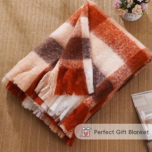 BATTILO Rust Plaid Throw Blanket for Couch Bed, Soft Mohair Tartan Plaid Blanket, Farmhouse Style Checkered Pattern, Fall Throw Blankets for Home Decor(50"x60") thumbnail 4