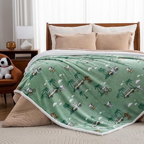Berkshire Blanket Peanuts® Sherpa Blanket, 480gsm Warm Reversible Heavy Thick Blanket for Couch, Bed & Travel (Snoopy's Beachy Roadtrip Large Sage, King Size 90" x 108") thumbnail 3