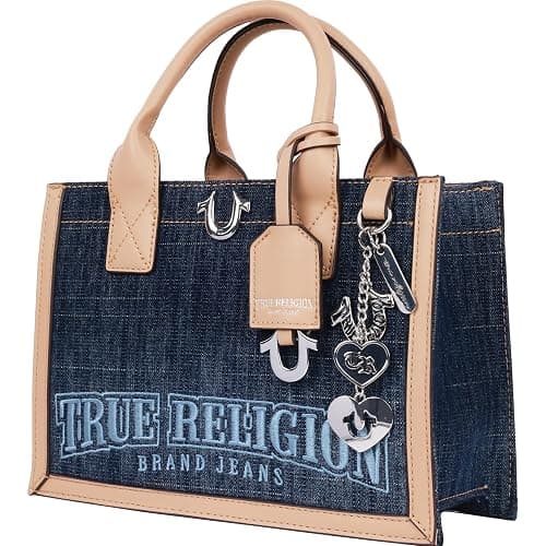 True Religion Denim Tote Bag, Bombe Logo Shoulder Carryall with Horseshoe Hardware and Strap Hand Bag, Dark Denim - Image 1
