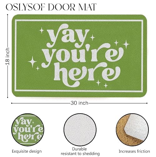 OSLYSOF Funny Green Door Mat, Yay You're Here Doormat for Front Door Indoor Outdoor Porch Entrance Entryway, Funny Welcome Mat Outside, 17x30 Inches thumbnail 3