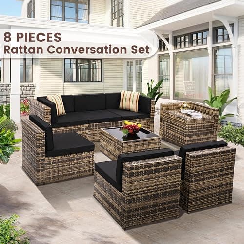 KROFEM 8-Piece Patio Furniture Set, Outdoor Wicker Rattan Sectional with Thick Cushions, Glass Top Table with Hidden Storage, Outdoor Conversation Set for Backyard, Porch, Patio, Black thumbnail 3