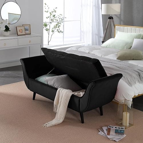 Hdxdkog Storage Bench for Bedroom End of Bed, 65" Velvet Upholstered Rolled Armed Button Tufted Stool Bench, Storage Ottoman Long Bench with with 2 Pillows for Entryway (Black) thumbnail 3