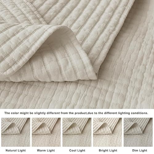 WDCOZY Beige Queen Size Quilt Set, Muslin Cotton Shell Down-Alt Poly Filling, Neutral Shabby Chic Rustic Farmhouse Country Bedspread, Textured Gauze Coverlet, Soft Lightweight Bedding, 2 Shams thumbnail 3