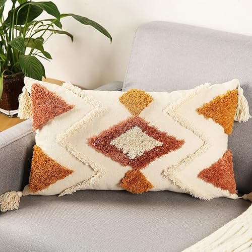 Merrycolor Boho Lumbar Throw Pillow Cover 12x20 inch,Bohemian Tufted Decorative Pillow Covers with Tassels for Couch Sofa Bedroom Living Room - Image 1