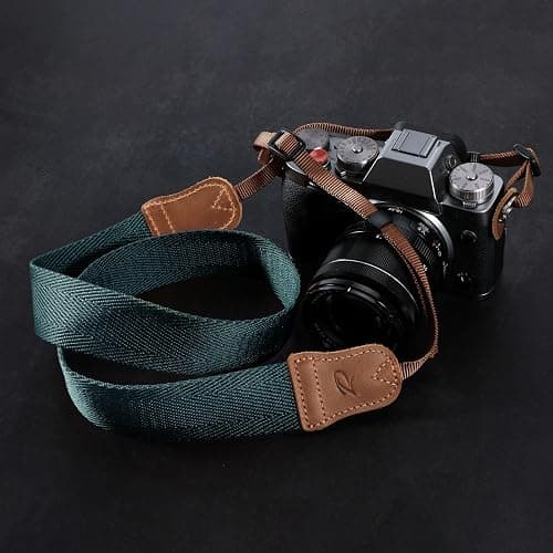 Padwa Lifestyle Dark Blue Green Camera Strap -Double Layer Crazy Horse Cowhide End,1.5" Wide Pure Cotton Woven Camera Straps,Adjustable Neck Shoulder Strap for All DSLR Cameras,Gift for Photographers thumbnail 8