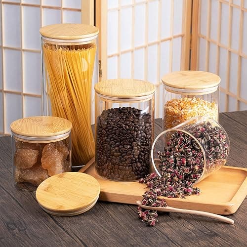 YUNCANG Glass Storage Jars [Set of 5],Clear Glass Food Storage Containers with Airtight Bamboo Lid Stackable Kitchen Canisters for Candy,Cookie,Rice,Sugar,Flour,Pasta,Nuts and Spice Jars - Circular thumbnail 6