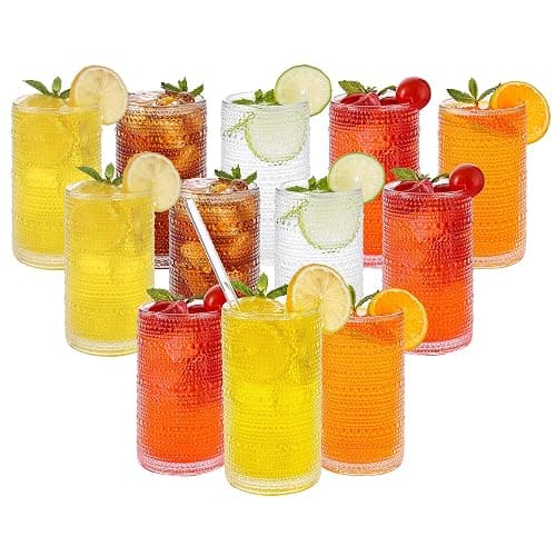 Akutaa Vintage Hobnail Drinking Glasses Set of 12, 16 oz Large Capacity Embossed Clear Tumblers, Highball Glasses for Water, Cocktail, Beer, Whiskey, Kitchen & Bar Use thumbnail 7