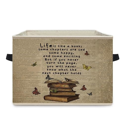WNAGT Vintage Butterfly Book Foldable Storage Bins Box with Handles, Inspirational Bookish Collapsible Organizer Basket for Reading Room Nook Corner Library Home Clothes Books - Image 1