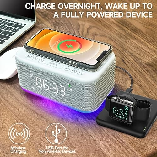 Fansbe Tech Alarm Clock Speaker Wireless Charger, Digital Alarm Clocks Bedrooms Bluetooth, Alarm Clock Dimmable Light Bedrooms Dual Alarm Snooze Dimmer 12 24H RGB Night Light Bluetooth USB AUX, Gray - Gray thumbnail 5