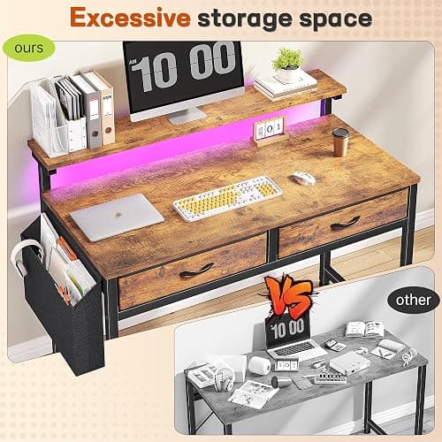 DurayLoly Gaming Desk with 2 Drawers &LED Lights,Space Saving,Rustic Brown | Computer Desk with Ergonomic Monitor Stand,Office Desk with Side Pocket and Hook,Study Writing Table for Small Spaces thumbnail 7