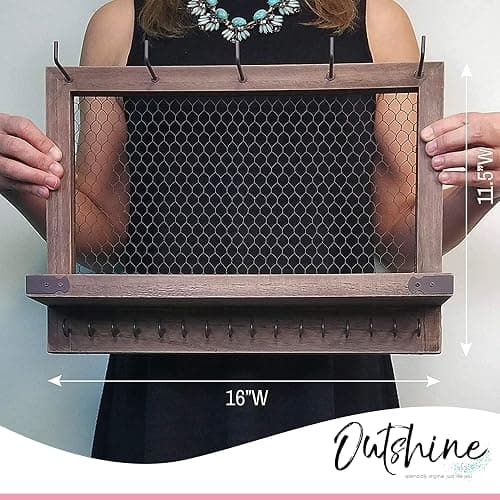 OUTSHINE Large Farmhouse Wall Jewelry Organizer (Espresso) | Wall Organizer For Earrings, Necklace, Bracelet, Hair Accessories | Chicken Wire Earring Holder | For Women, Wife, Mom, Girlfriend thumbnail 8