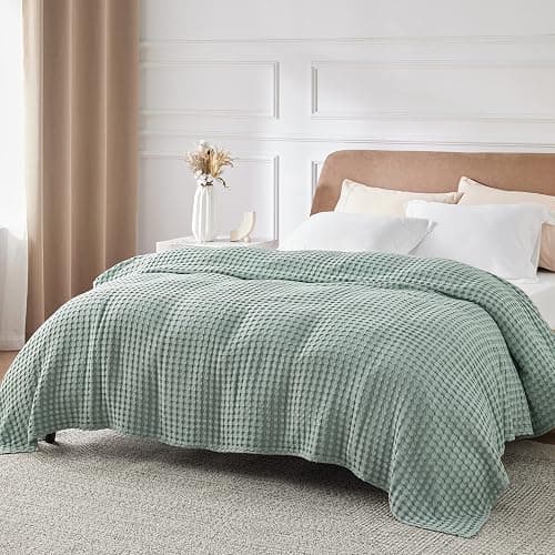 Bedsure Cooling Cotton Waffle King Size Blanket - Lightweight Breathable Blanket of Rayon Derived from Bamboo for Hot Sleepers, Luxury Throws for Bed, Couch and Sofa, Sage Green, 104x90 Inches thumbnail 7