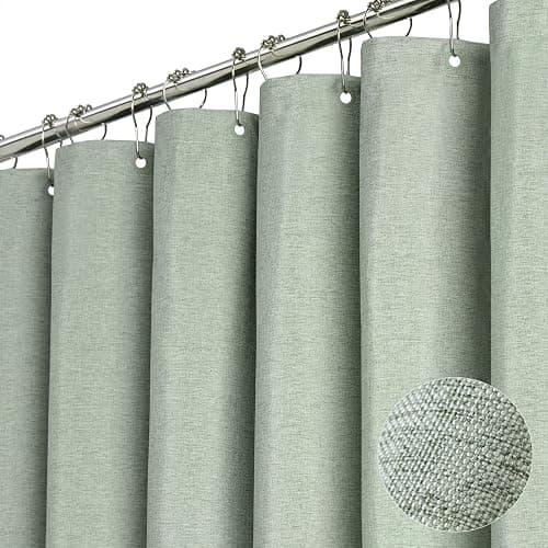 BTTN Fabric Shower Curtain, Linen Textured Heavy Duty Polyester Cloth Shower Curtain Set with Plastic Hooks, Sage Green, 72x84 - Image 1