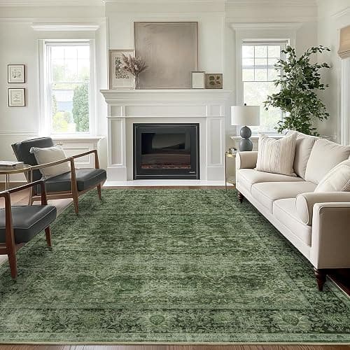 5x7 Green Washable Rug for Living Room Vintage Distressed Bedroom Rug | Large Low Pile Non-Slip Soft Boho Carpets for Bedroom Dining Room Office Indoor Nursery - Image 1