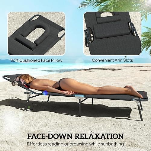 Outsunny Folding Chaise Lounge Chair, Reclining Beach Tanning Chair with Face Hole, Pillow, 4-Position Adjustable Lay Flat Sun Lounger, Steel Frame for Outdoor Patio Pool, Black thumbnail 4