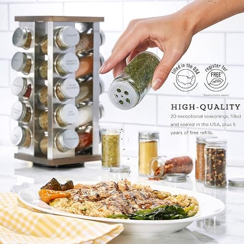 Kamenstein 20 Jar Vintage Revolving Countertop Spice Rack Organizer with Spices Included, FREE Spice Refills for 5 Years, Wood and Stainless Steel with Metal Caps thumbnail 3
