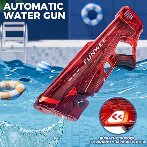 Funwee Electric Water Gun for Kids Adults, Powerful Automatic Squirt Gun, High Powered Shooting 100+ Times, Long Range, Auto Water Blaster, Outdoor Water Toy Pool Game(Transparent Red) thumbnail 2