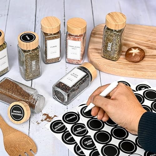 Set of 24 Glass Spice Jars with Various Labels, Bamboo Shaker Lids & Funnel, Kitchen Storage Jars with Airtight Lid, Spices & Seasonings Sets Organizer, Spice Containers, Glass Jar Food Canister thumbnail 7