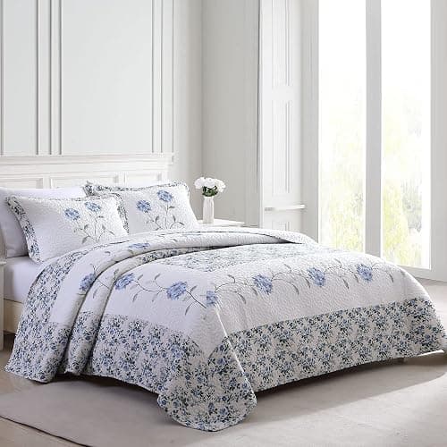 Beatrice Home Fashions Carnation Floral Embroidered Quilted Bedspread, Lightweight, All-Seasons, Standard Sham, Blue thumbnail 4