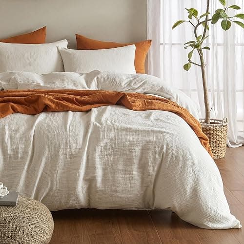 SE SOFTEXLY Muslin Duvet Cover Queen Size, 100% Washed Cotton Duvet Cover Set, Ultra Soft Comforter Cover Linen Like, 3 Pieces Minimalist Gauze Duvet Cover with 2 Pillowcases, 90"x90", White - Image 1