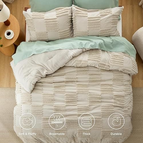 Bedsure King Size Comforter Set Linen, Boho Tufted Bed Set, Grande Checkered Farmhouse Shabby Chic Bedding, 3 Pieces, 1 Plaid Geometric Comforter and 2 Pillow Shams thumbnail 4