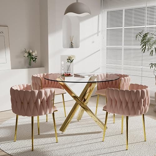 HAIZAO Golden Round Dining Table Set for 4, 39'' Clear Glass Top Dinner Table Set, 5 Pieces Modern Luxury Circle Kitchen Table and Pink Woven Chairs Set, Small Circular Dinette Set, for Apartment - Image 1