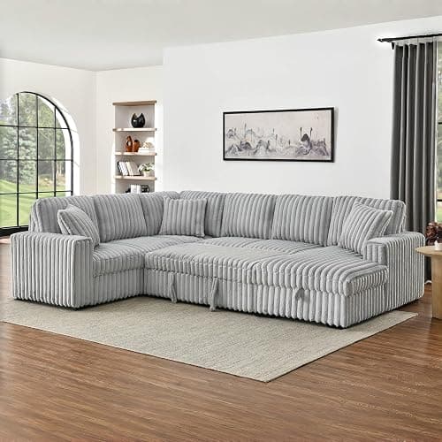 KEIKI 122" Pull-Out Sofa Bed, Sleeper Pull Out Sectional Couch, Oversized U Shape Sleeper Sofa Bed with Storage Chaise, USB Ports for Apartment Living Room, Gray - Image 1