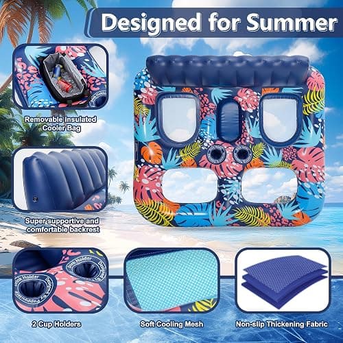 2-Person Inflatable Pool Floats Adult Heavy Duty, 71" x 61" Pool Lounger Float with Cup Holders & Backrest & Removable Insulated Cooler, Thickened Swimming Raft for Pool Party, Lake, Beach, River thumbnail 3