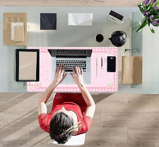 Cute Pink Plaid Desk Mats Strawberry Milk Gaming Desk Pad, Kawaii Extended Mouse Pad Kawaii Large Keyboard Mats XXL, Laptop Mat for Desk, Desktop Mat Mousepad Office Decor for Women 31.5"x15.75" thumbnail 5
