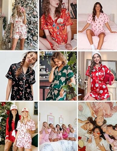 Ekouaer Womens Christmas Pajamas Silk Satin Sleepwear Holiday Matching Pjs Funny Short Sleeve Button Down Nightwear Set S-XXL thumbnail 5